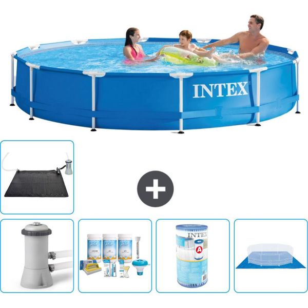 Piscina Intex Con Struttura Rotonda - 366 X 76 Cm - Blu - Pacchetto Manutenzione Pompa Incluso - Filtro - Copertura Del Terreno - Tappeto Solare-image