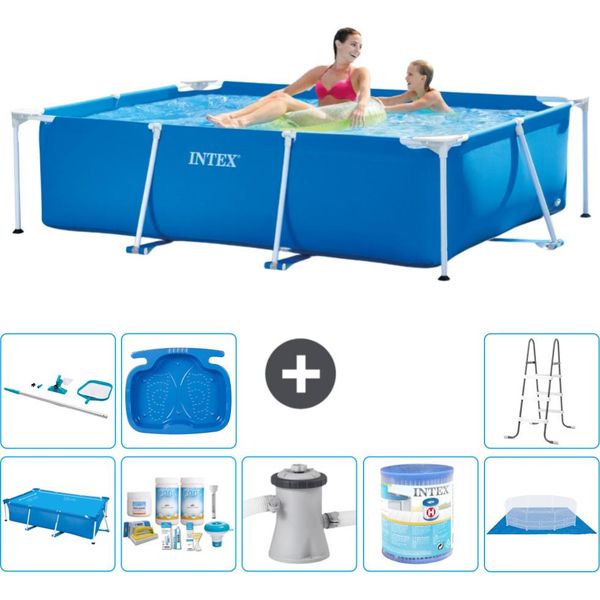 Piscina Intex Con Struttura Rettangolare - 220 X 150 X 60 Cm - Blu - Include Tenda Da Sole - Pacchetto Manutenzione - Pompa Filtro Per Piscina - Filtro - Telo Di Fondo - Kit Pulizia-image