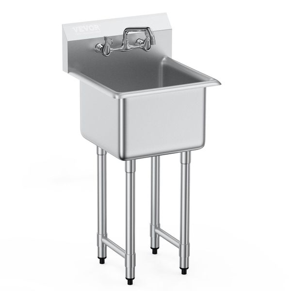 Vevor Lavello In Acciaio Inox Lavello Commerciale 457 X 381 X 1041 Mm, Lavello In Acciaio Inox Con Rubinetto Capacità Di Carico 104 Kg, Lavello In Acciaio Inox Bacinella Lavello Da Cucina Lavello Indipendente-image
