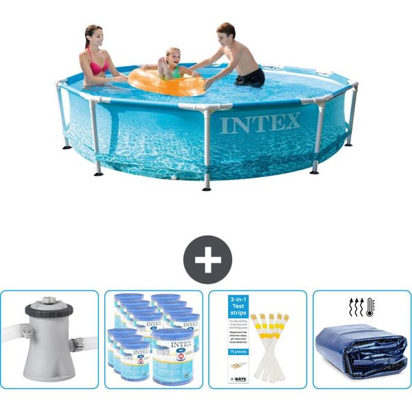 Piscina Intex Con Struttura Rotonda - 305 X 76 Cm - Pressione Dell'acqua - Pompa Inclusa - Filtro - Strisce Reattive - Tenda Da Sole-image