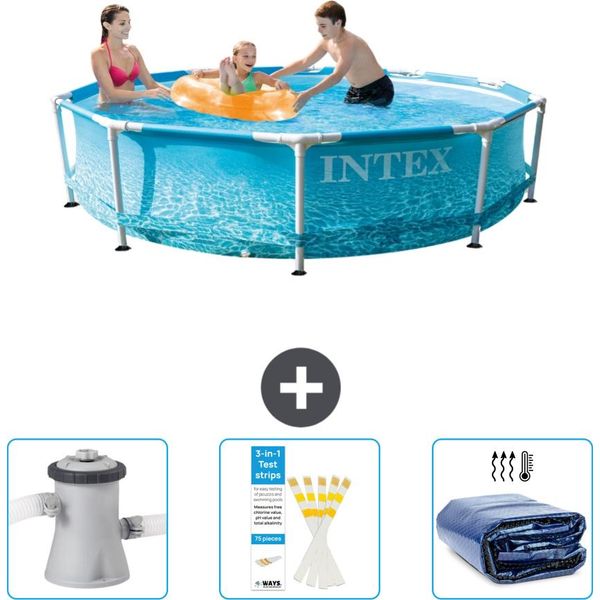Piscina Intex Con Struttura Rotonda - 305 X 76 Cm - Pressione Dell'acqua - Pompa Filtro Per Piscina Inclusa - Strisce Reattive - Tenda Da Sole-image
