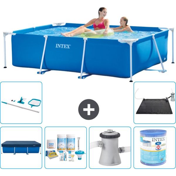 Piscina Intex Con Struttura Rettangolare - 220 X 150 X 60 Cm - Blu - Include Copertura - Pacchetto Manutenzione - Pompa Filtro Per Piscina - Filtro - Kit Pulizia - Tappeto Solare-image
