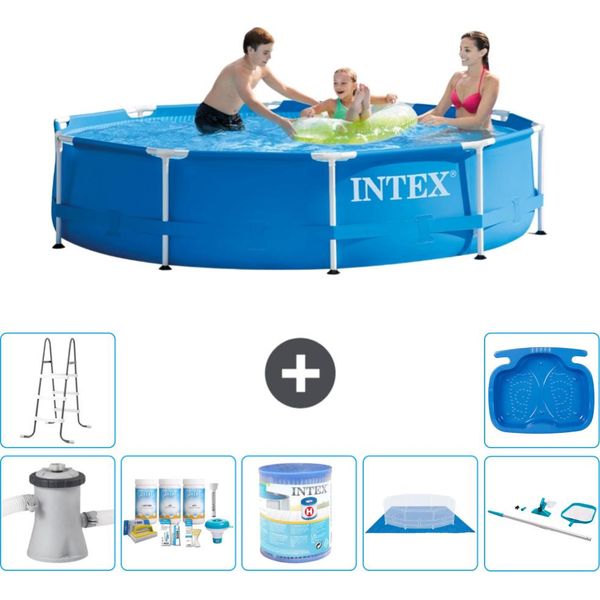 Piscina Intex Con Struttura Rotonda - 305 X 76 Cm - Blu - Incluso Pacchetto Manutenzione Pompa - Filtro - Telo Di Fondo - Kit Di Pulizia - Scaletta - Pediluvio-image
