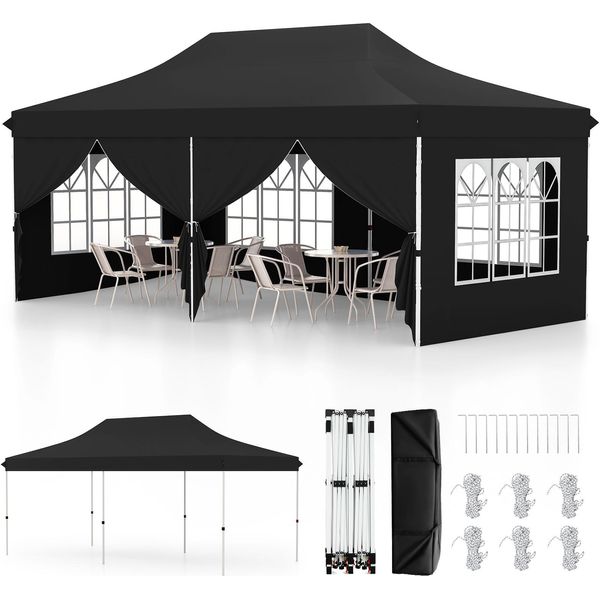 Gazebo Pieghevole Costway 3X6M Con 6 Pareti Laterali Rimovibili, Borsa Di Trasporto, Gazebo Idrorepellente Regolabile In Altezza, Protezione Uv 50+ Nero-image