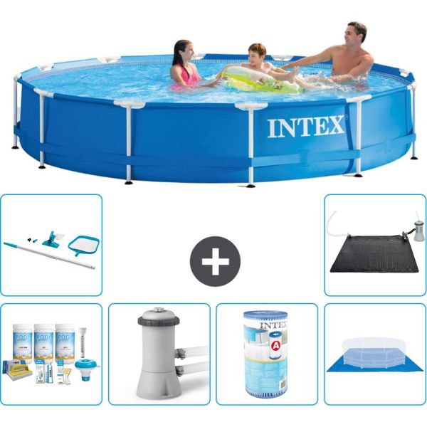 Piscina Intex Con Struttura Rotonda - 366 X 76 Cm - Blu - Pacchetto Manutenzione Incluso - Pompa Filtro Per Piscina - Filtro - Copertura Del Terreno - Kit Di Pulizia - Tappeto Solare-image