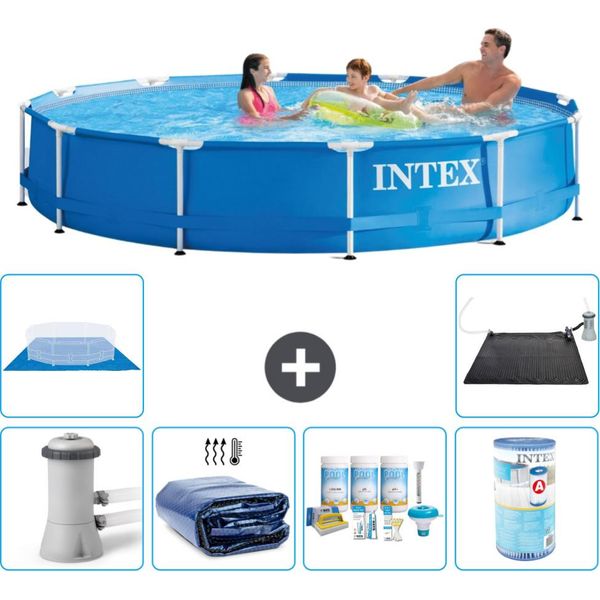 Piscina Con Struttura Rotonda Intex - 366 X 76 Cm - Blu - Pompa Inclusa - Tenda Da Sole - Pacchetto Manutenzione - Filtro - Telo Di Fondo - Tappeto Solare-image