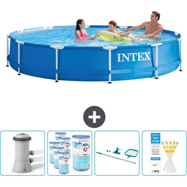 Piscina Intex Con Struttura Rotonda - 366 X 76 Cm - Blu - Inclusa Pompa - Filtro - Kit Di Pulizia - Strisce Reattive-image
