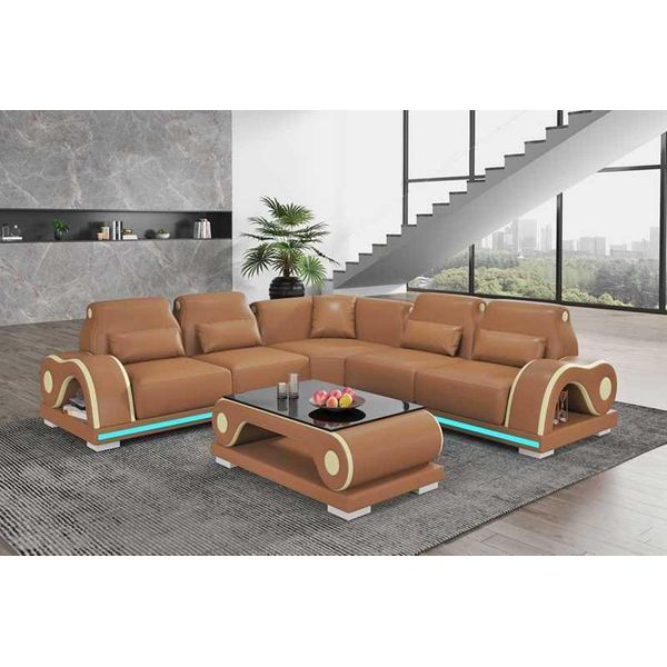 Divano Angolare In Pelle Forma L Marrone Moderno Set-image