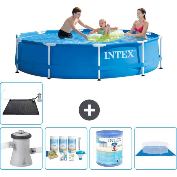Piscina Intex Con Struttura Rotonda - 305 X 76 Cm - Blu - Pacchetto Manutenzione Pompa Incluso - Filtro - Copertura Del Terreno - Tappeto Solare-image