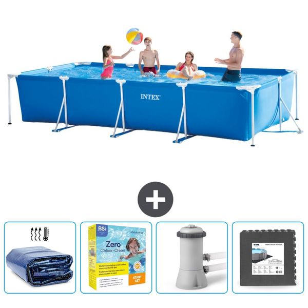 Piscina Intex Con Struttura Rettangolare - 450 X 220 X 84 Cm - Blu - Include Tenda Da Sole - Pacchetto Manutenzione - Pompa Filtro Per Piscina - Piastrelle Per Pavimento-image