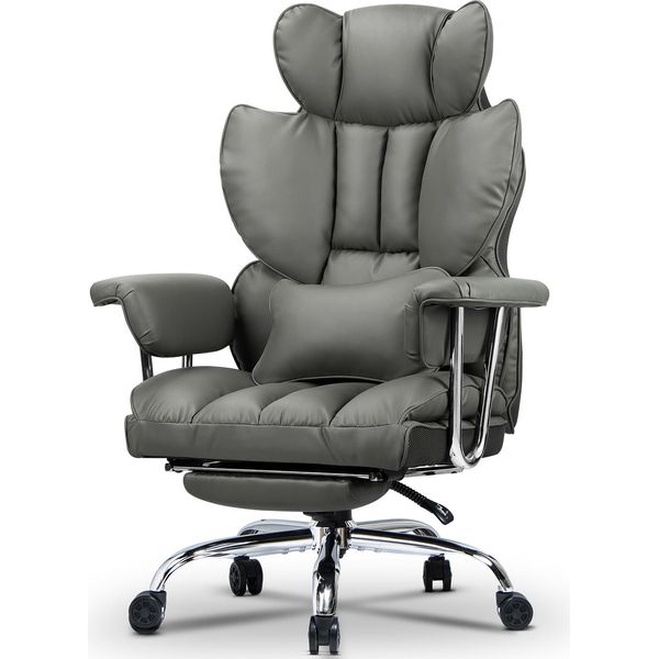 Sedia Da Ufficio Con Poggiapiedi - Sedia Da Scrivania Ergonomica Con Cuscino Di Supporto Lombare - Sedia Da Ufficio Direzionale Grande In Finto Cuoio Con Schienale Alto - Grigio-image