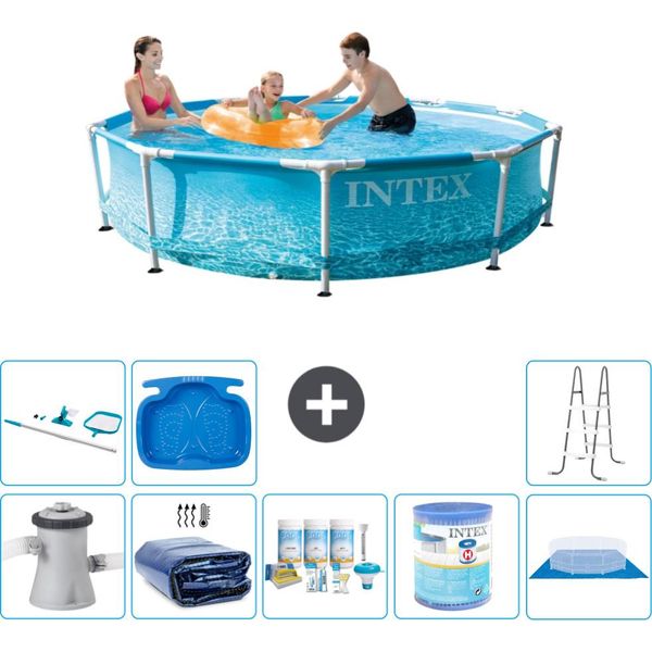 Piscina Intex Con Struttura Rotonda - 305 X 76 Cm - Pressione Dell'acqua - Pompa Inclusa - Tenda Da Sole - Pacchetto Manutenzione - Filtro - Telo Di Fondo - Kit Di Pulizia - Scaletta-image