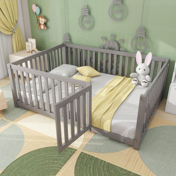 Merax Letto Per Bambini 140X200Cm Letto Da Terra Letto In Legno Con Protezione Anticaduta E Porta, Letto Per Bambini In Legno Massiccio Letto Da Gioco Letto Matrimoniale Per Bambini, Grigio-image