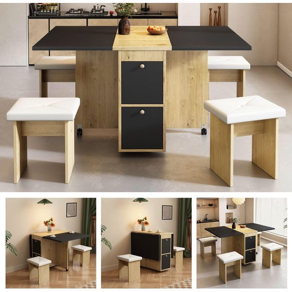 Set Da Pranzo Flieks 5 Pezzi, Tavolo Da Pranzo Allungabile Con 4 Sgabelli, Set Di Tavoli Da Cucina Pieghevoli, Gruppo Di Sedute Per 4 Persone, Tavolo Da Pranzo Con Vano Portaoggetti, Nero-image