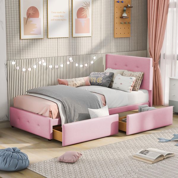 Flieks Letto Imbottito Letto Singolo Letto In Legno Con Testata Regolabile In Altezza, Rete A Doghe E Due Cassetti, Velluto 90X200Cm Letto Per Ragazzi Letto Per Bambini, Rosa-image