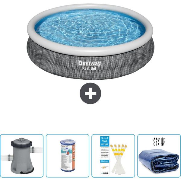 Piscina Gonfiabile Rotonda Bestway A Presa Rapida - Stampa Rattan - 366 X 76 Cm - Inclusa Pompa - Filtro - Strisce Reattive - Tenda Parasole-image