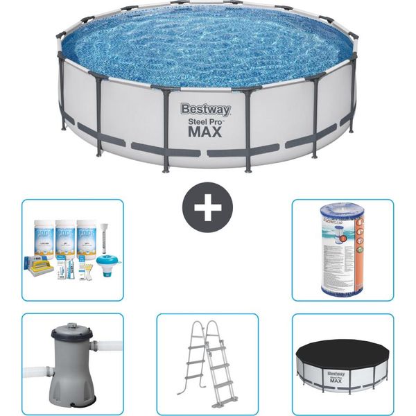 Piscina Bestway Round Steel Pro Max - 427 X 107 Cm - Grigio - Inclusa Pompa - Scala - Copertura Pacchetto Manutenzione - Filtro-image