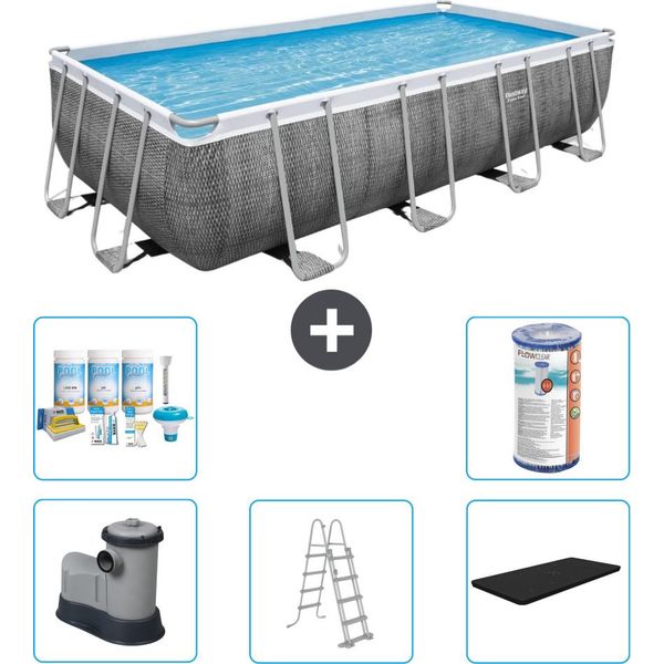 Piscina Rettangolare Power Steel Bestway - Stampa Rattan - 549 X 274 X 122 - Inclusa Pompa - Scaletta - Copertura Pacchetto Manutenzione - Filtro-image