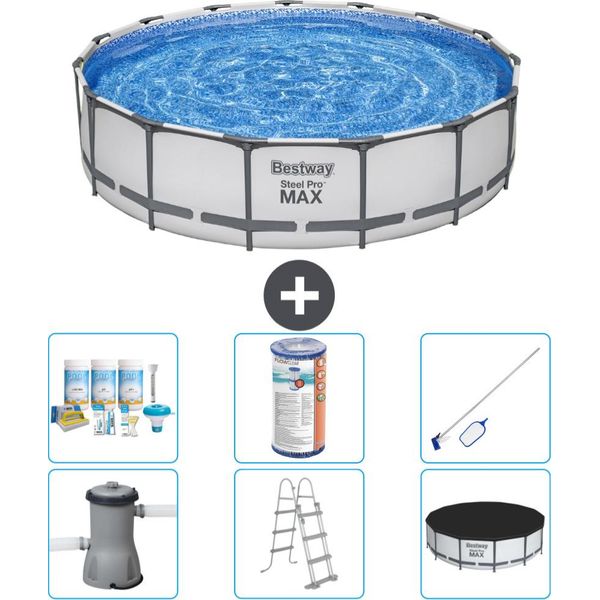 Piscina Bestway Round Steel Pro Max - 457 X 107 Cm - Grigio - Compresa Pompa - Scala - Copertura Pacchetto Manutenzione - Filtro - Kit Pulizia-image