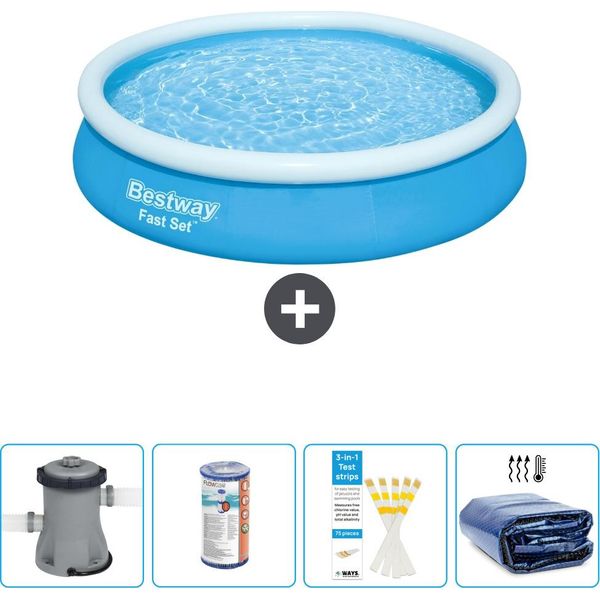 Piscina Gonfiabile Rotonda Bestway Fast-Set - 366 X 76 Cm - Blu - Inclusa Pompa - Filtro - Strisce Reattive - Tenda Da Sole-image