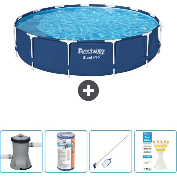 Piscina Bestway Round Steel Pro - 396 X 84 Cm - Blu - Compresa Pompa - Filtro - Kit Di Pulizia - Strisce Reattive-image