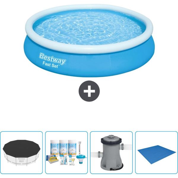 Piscina Gonfiabile Rotonda Bestway A Presa Rapida - 366 X 76 Cm - Blu - Include Copertura - Pacchetto Manutenzione - Pompa - Telo Di Fondo-image