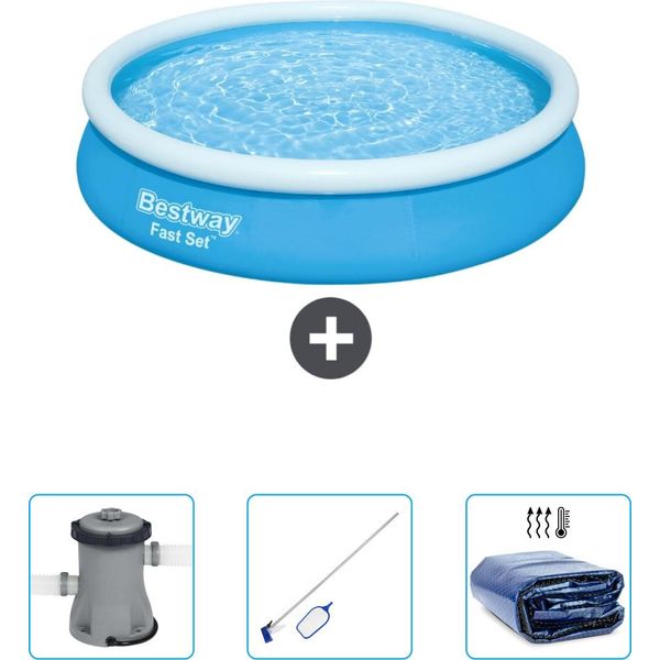 Bestway Piscina Gonfiabile Rotonda Fast Set - 366 X 76 Cm - Blu - Include Pompa - Kit Di Pulizia - Vela Parasole-image