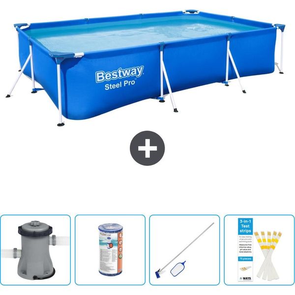 Piscina Bestway Pro Rettangolare In Acciaio - 300 X 201 X 66 Cm - Blu - Inclusa Pompa - Filtro - Kit Di Pulizia - Strisce Reattive-image