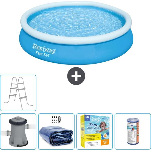 Piscina Gonfiabile Rotonda Bestway Ad Ambientazione Rapida - 366 X 76 Cm - Blu - Inclusa Pompa Tenda - Pacchetto Manutenzione - Filtro - Scaletta-image