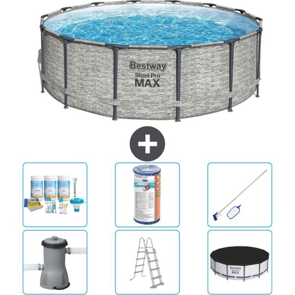 Piscina Bestway Round Steel Pro Max - Stampa Su Pietra - 427 X 122 Cm - Inclusa Pompa - Scala - Copertura Pacchetto Manutenzione - Filtro - Kit Pulizia-image