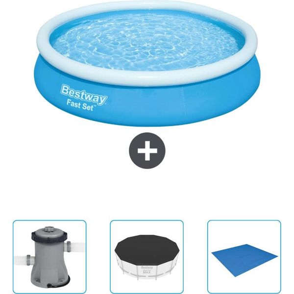 Bestway Piscina Gonfiabile Rotonda Fast Set - 366 X 76 Cm - Blu - Include Pompa - Copertura - Telo Di Protezione-image