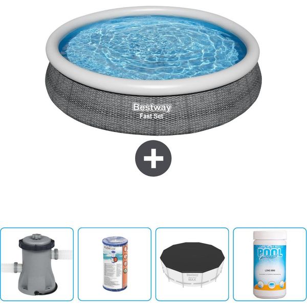 Bestway Piscina Gonfiabile Rotonda Ad Ambientazione Rapida - Stampa Rattan - 366 X 76 Cm - Inclusa Pompa - Filtro - Copertura - Cloro-image