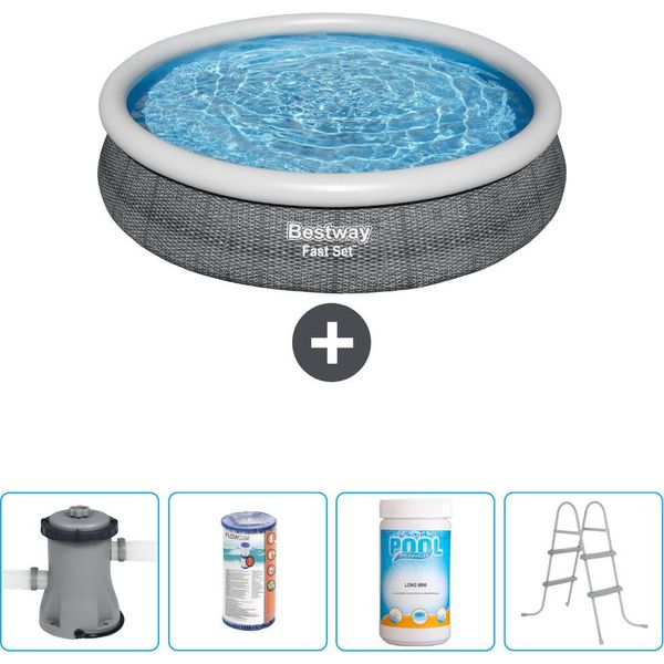 Piscina Gonfiabile Rotonda Bestway - Stampa Rattan - 366 X 76 Cm - Compresa Pompa - Filtro - Cloro - Scaletta-image