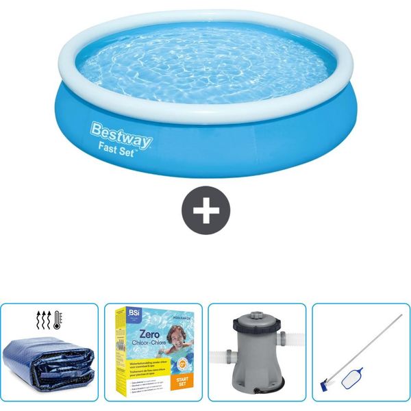 Piscina Gonfiabile Rotonda Bestway - 366 X 76 Cm - Blu - Include Tenda Da Sole - Pacchetto Manutenzione - Pompa - Kit Pulizia-image