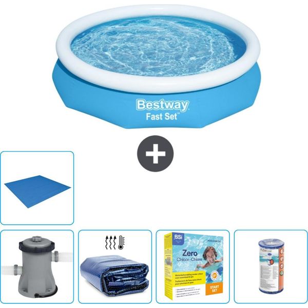 Piscina Gonfiabile Rotonda Bestway Ad Ambientazione Rapida - 305 X 66 Cm - Blu - Pompa Inclusa - Tenda Da Sole - Pacchetto Manutenzione - Filtro - Telo Di Fondo-image