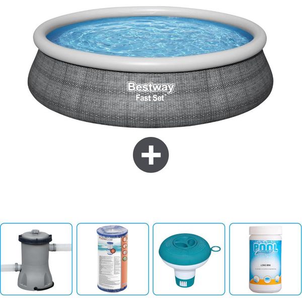 Bestway Set Gonfiabile Rotondo Veloce Piscina - Stampa Rattan - 457 X 84 Cm - Incluso Pompa Filtro - Galleggiante Cloro - Cloro-image