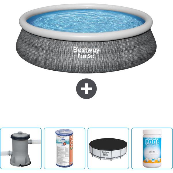 Bestway Piscina Gonfiabile Rotonda Ad Ambientazione Rapida - Stampa Rattan - 457 X 84 Cm - Inclusa Pompa - Filtro - Copertura - Cloro-image
