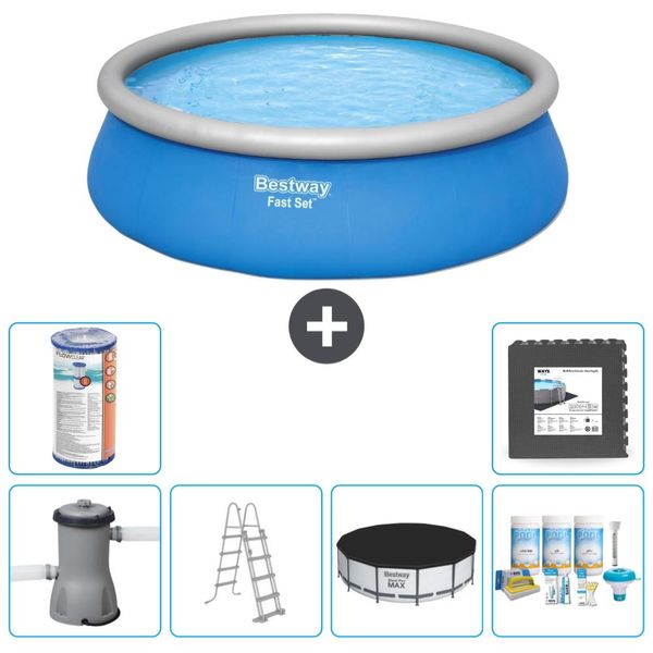 Piscina Gonfiabile Rotonda Bestway Ad Ambientazione Rapida - 457 X 122 Cm - Blu - Pompa Inclusa - Copertura A Scaletta - Pacchetto Manutenzione - Filtro - Piastrelle Per Il Pavimento-image