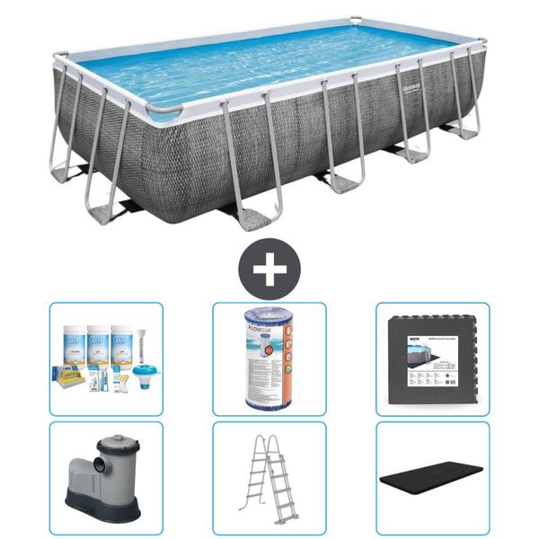 Piscina Rettangolare Power Steel Bestway - Stampa Rattan - 549 X 274 X 122 - Inclusa Pompa - Scaletta - Copertura Pacchetto Manutenzione - Filtro - Pavimento In Piastrelle-image