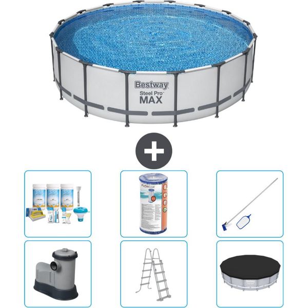 Piscina Bestway Round Steel Pro Max - 488 X 122 Cm - Grigio - Inclusa Pompa - Scala - Copertura Pacchetto Manutenzione - Filtro - Kit Pulizia-image