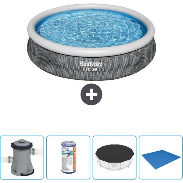 Piscina Gonfiabile Rotonda Bestway - Stampa Rattan - 366 X 76 Cm - Inclusa Pompa - Filtro - Copertura - Telo Di Fondo-image