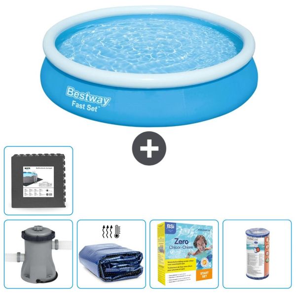 Piscina Gonfiabile Rotonda Bestway Ad Ambientazione Rapida - 366 X 76 Cm - Blu - Inclusa Pompa Tenda - Pacchetto Manutenzione - Filtro - Pavimento In Piastrelle-image