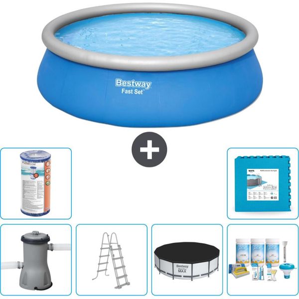 Piscina Gonfiabile Rotonda Bestway Ad Ambientazione Rapida - 457 X 122 Cm - Blu - Pompa Inclusa - Copertura A Scaletta - Pacchetto Manutenzione - Filtro - Piastrelle Per Il Pavimento-image