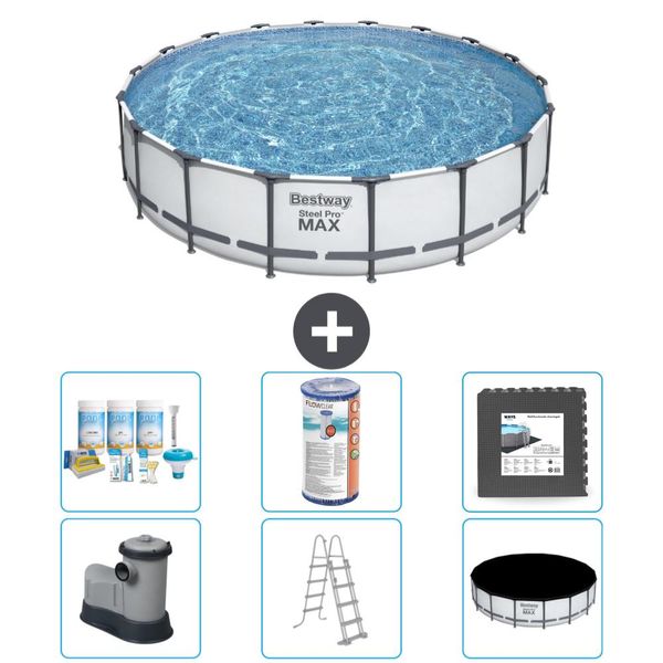 Piscina Bestway Round Steel Pro Max - 549 X 122 Cm - Grigio - Inclusa Pompa - Scala - Pacchetto Manutenzione Copertura - Filtro - Piastrelle Per Il Pavimento-image