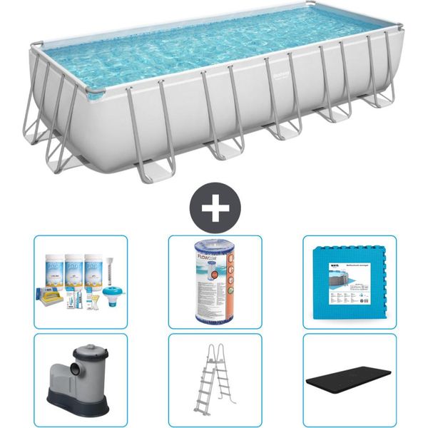 Piscina Rettangolare Bestway Power Steel - 640 X 274 X 132 - Grigio - Compresa Pompa - Scaletta - Copertura Pacchetto Manutenzione - Filtro - Pavimento In Piastrelle-image