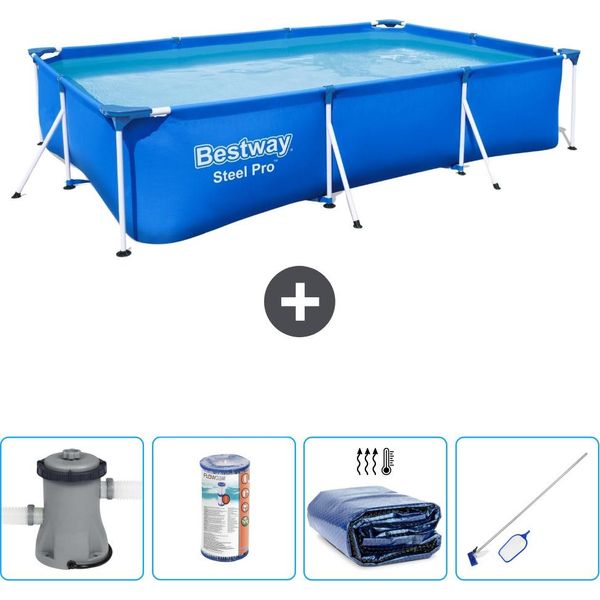 Piscina Bestway Pro Rettangolare In Acciaio - 300 X 201 X 66 Cm - Blu - Inclusa Pompa - Filtro - Tenda - Kit Di Pulizia-image