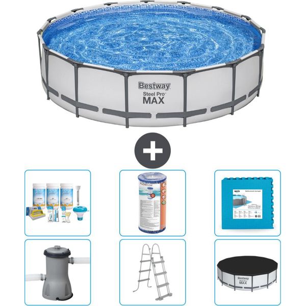 Piscina Bestway Round Steel Pro Max - 457 X 107 Cm - Grigio - Inclusa Pompa - Scala - Pacchetto Manutenzione Copertura - Filtro - Piastrelle Per Il Pavimento-image
