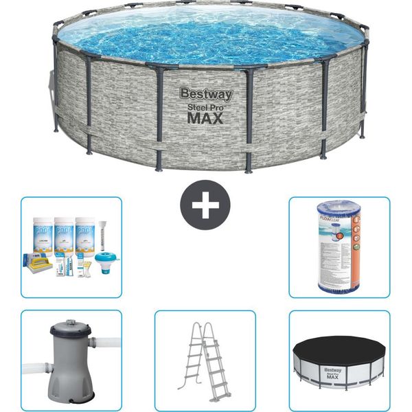 Piscina Bestway Round Steel Pro Max - Stampa Su Pietra - 427 X 122 Cm - Inclusa Pompa - Scala - Copertura Pacchetto Manutenzione - Filtro-image