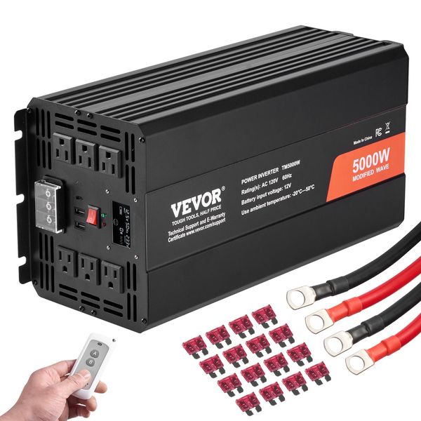 Vevor Inverter Sinusoidale 5000 W Da 12 V Dc A 230 V Ac Inverter Con 2 Prese Ac 2 Porte Usb 1 Porta Di Tipo C Display Lcd E Telecomando Per Elettrodomestici Con Carichi Elevati-image