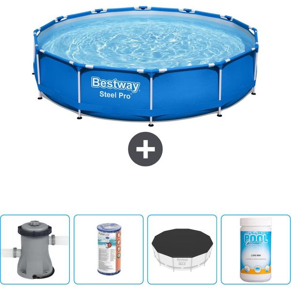 Piscina Bestway Round Steel Pro - 366 X 76 Cm - Blu - Compresa Pompa - Filtro - Copertura - Cloro-image